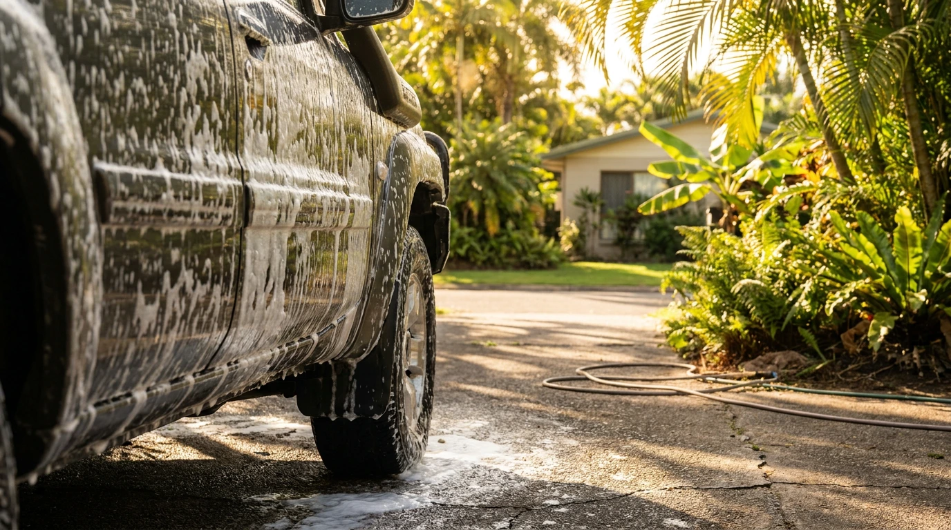 Ute covered in snow foam during a vehicle detail in Mareeba, Queensland