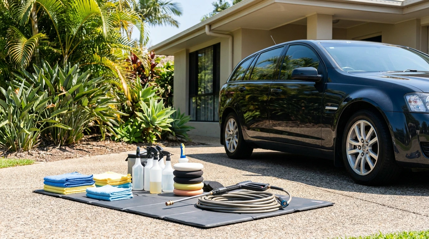 Mobile car detailing kit set up beside a car in a Mareeba driveway, Queensland