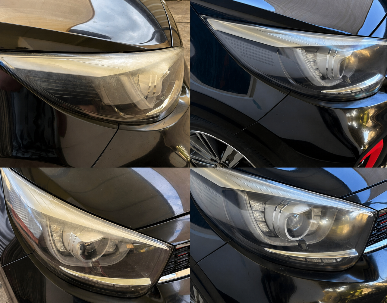 Headlight restoration before and after on a black car in Mareeba